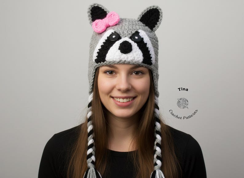 CROCHET PATTERN | Raccoon Hat, Winter Earflap Hat, Halloween Hat, Photo Prop, Shower Gift, PDF Download, Easy | Sizes from Baby to Adult image 10