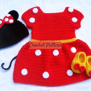 CROCHET PATTERN - Mouse Hat, Dress and Shoes Outfit | Baby Girl Photo Prop | Crochet Baby Halloween Costume | Sizes Newborn - 12 months