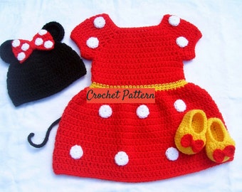 CROCHET PATTERN - Mouse Hat, Dress and Shoes Outfit | Baby Girl Photo Prop | Crochet Baby Halloween Costume | Sizes Newborn - 12 months