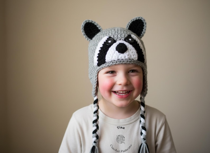 CROCHET PATTERN | Raccoon Hat, Winter Earflap Hat, Halloween Hat, Photo Prop, Shower Gift, PDF Download, Easy | Sizes from Baby to Adult image 3