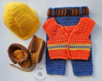 CROCHET PATTERN & VIDEO | Baby Construction Costume: Hard Hat, Pants, Work Booties, Vest, Photo Prop, Shower Gift, pdf | Sizes 0–12 Months