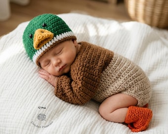 CROCHET PATTERN - Baby Mallard Duck Costume | Hat, Romper & Booties | Boy Photo Prop | Halloween Costume | Shower Gift | Sizes 0–12 Months