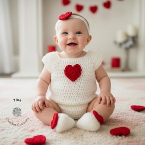GEHAAKT PATROON | Romper en schoenen voor baby Valentijnsdag, fotorekwisiet, halloweenkostuum, douchecadeau, Engelse pdf | Maten: 0-12 maanden