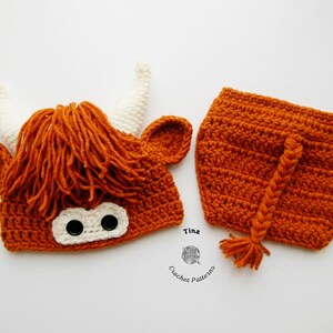 May include: A handmade crochet Highland cow costume set. The set includes a rust-colored hat with white horns, orange yarn hair, and a matching diaper cover with a braided tail. The hat has black button eyes.
