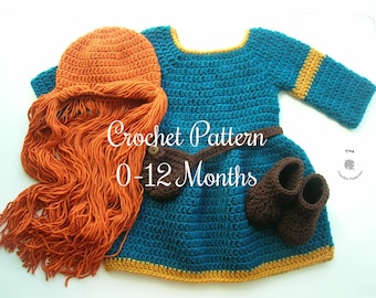 CROCHET PATTERN | Baby Princess Outfit: Wig Hat, Dress, Shoes, Photo Prop, Halloween Costume, Shower Gift, English PDF | Sizes 0–12 Months