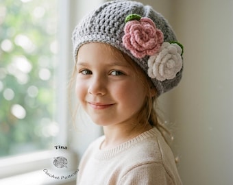 CROCHET PATTERN & VIDEO | Beret with Roses, Spring Hat, Photo Prop, Shower Gift, Pdf Download, Easy | Sizes from Baby to Adult