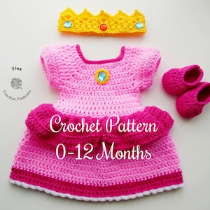 CROCHET PATTERN Baby Princess Peach Halloween Outfit in English PDF Pattern Includes Crown, Dress and Shoes  | Sizes 0-12 Months