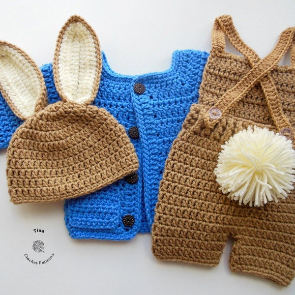 MOTIF AU CROCHET lapin - Ensemble bonnet, chemise et barboteuse de lapin | Déguisement d'Halloween pour bébé | Accessoire photo lapin | Tailles Nouveau-né - 12 mois