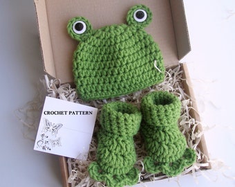 CROCHET PATTERN - Frog Baby Hat and Booties Set | Newborn Photo Prop | Crochet Animal Hat | Easy Crochet Pattern | Sizes 0–12 Months