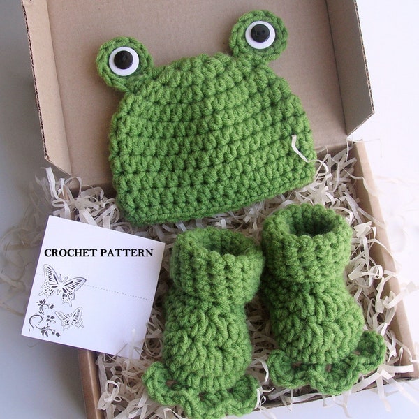 CROCHET PATTERN - Frog Baby Hat and Booties Set | Frog Photo Prop | Crochet Animal Hat | Easy Crochet Pattern | Sizes Newborn - 12 months