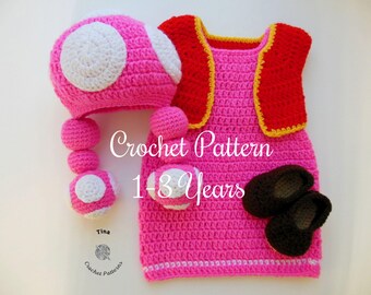 CROCHET PATTERN | Baby Toadette Outfit: Hat, Dress, Vest, Shoes, Photo Prop, Halloween Costume, Shower Gift, PDF Download | Sizes 1–3 Years