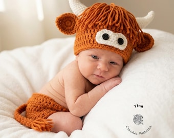 CROCHET PATTERN - Baby Highland Cow Outfit, Photo Prop, Halloween Costume, Shower Gift, Sizes 0-12 Months