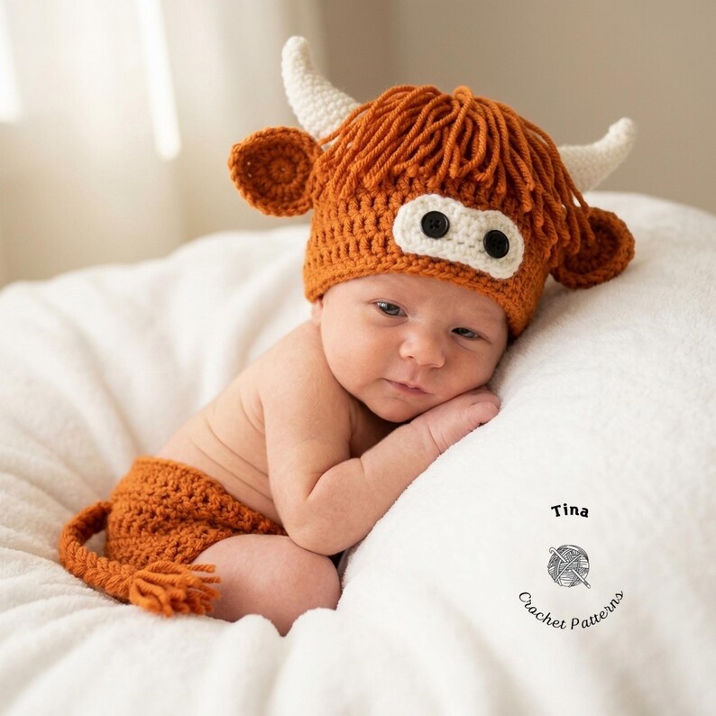 May include: A newborn baby wearing a crocheted orange Highland cow costume, including a hat with horns and a matching diaper cover with a tail. The baby is lying on a white surface.