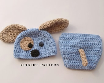 CROCHET PATTERN - Puppy Dog Baby Hat and Diaper Cover Set | Dog Photo Prop | Baby Halloween Costume | Crochet Animal | Sizes 0 - 12 months