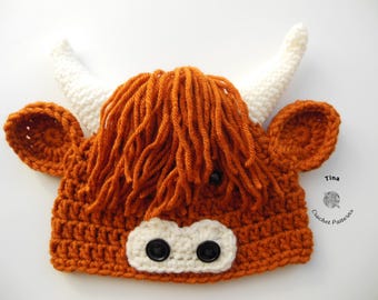 CROCHET PATTERN | Highland Cow Hat, Halloween Animal Beanie, Photo Prop, Shower Gift, PDF Download, Easy | Sizes from Baby to Adult