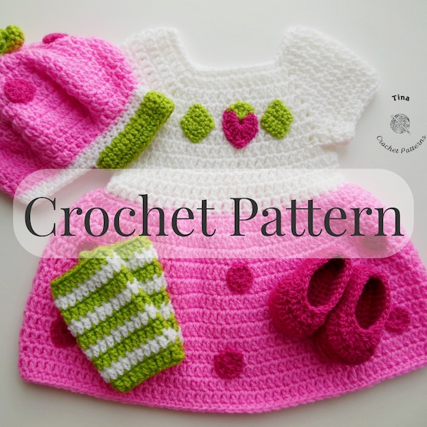 CROCHET PATTERN - Strawberry Cap, Dress and Shoes Outfit | Crochet Baby Halloween Costume | Baby Girl Photo Prop | Sizes Newborn - 12 months