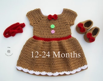 CROCHET PATTERN - Miss Gingerbread Headband, Dress and Shoes Outfit | Baby Christmas Costume | Baby Photo Prop | Sizes 12-18 | 18-24 months