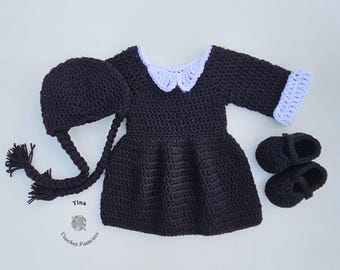 CROCHET PATTERN - Baby Wednesday Outfit, Photo Prop, 1st Halloween Costume, Shower Gift, Sizes 0-12 Months