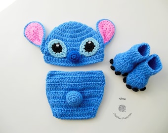 MOTIF AU CROCHET - Ensemble bonnet et couvre-couche Stitch pour bébé | Accessoire photo nouveau-né | Déguisement d'Halloween pour bébé | Tailles 0 - 12 mois
