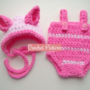 CROCHET PATTERN - Piglet Newborn Bonnet and Romper Set | Piglet Photo Prop | Baby Halloween Costume | Crochet Animal Hat | Size Newborn