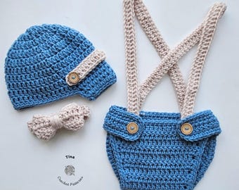 CROCHET PATTERN | Baby Little Man Costume: Newsboy Hat, Diaper Cover, Bow Tie, Photo Prop, Shower Gift, PDF | Sizes 0–12 Months