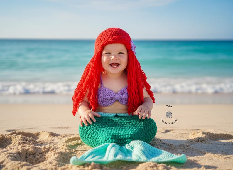 CROCHET PATTERN Baby Mermaid Outfit: Hat Wig, Top and Tail, Photo Prop, Halloween Costume, Shower Gift, PDF Download | Sizes 0–12 Months image 3
