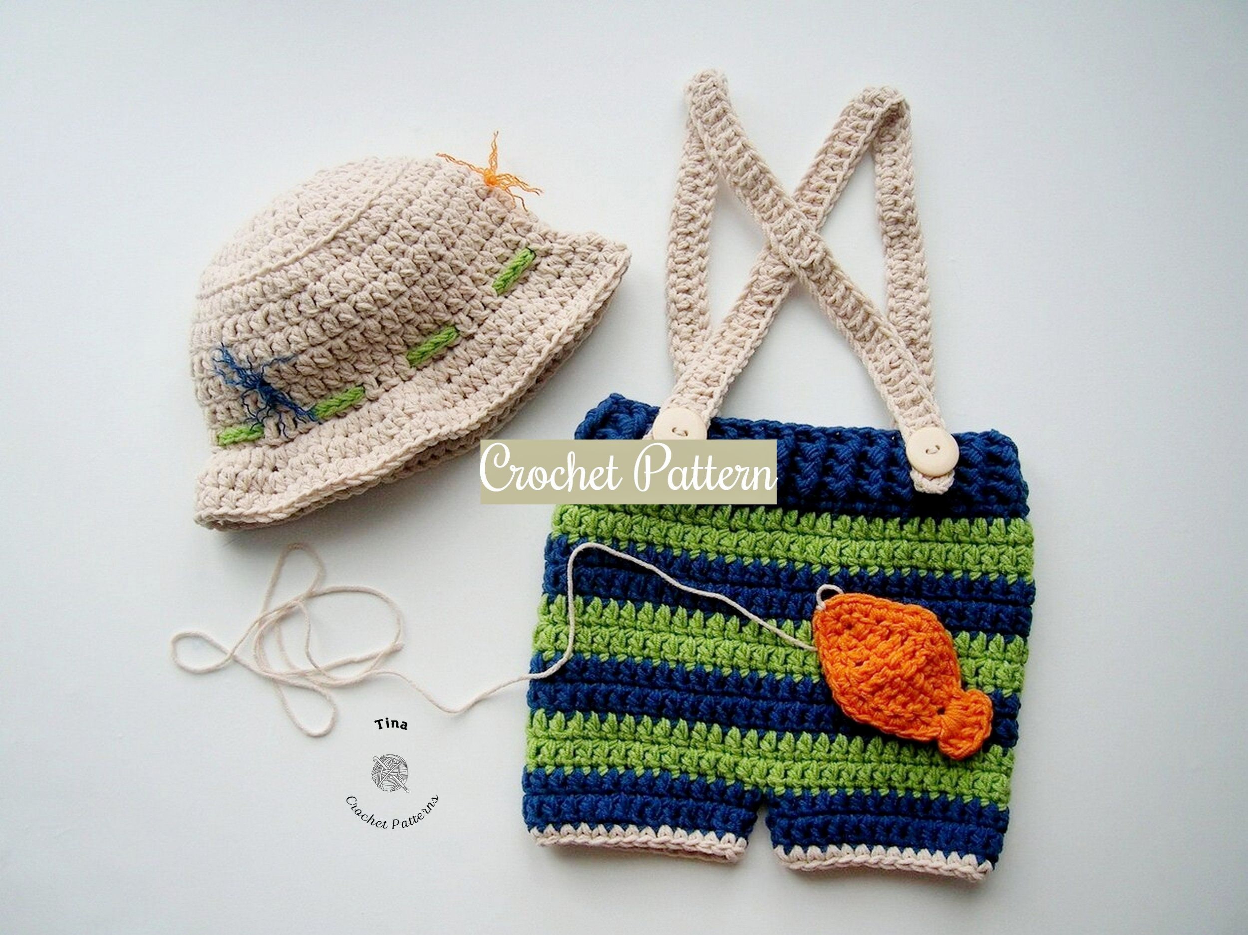 CROCHET PATTERN Baby Fishing/fisherman Set Fishing Hat, Shorts W/suspenders  and Fish Baby Photo Prop Sizes Newborn 12 Months 
