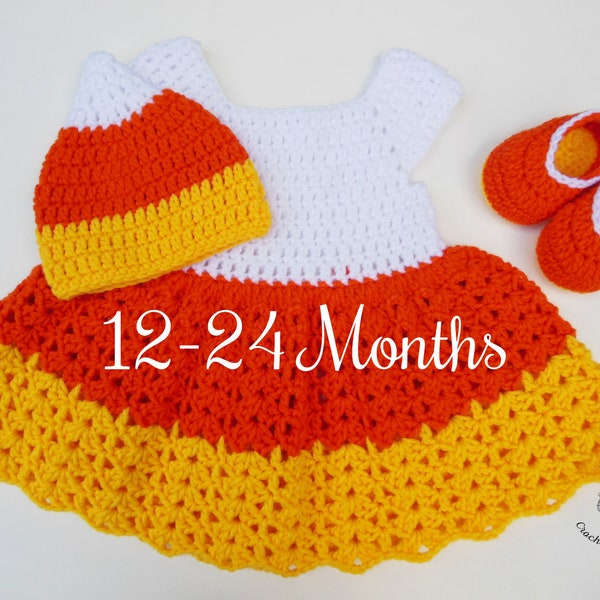 MOTIF AU CROCHET - Ensemble chapeau, robe et chaussures pour bébé en bonbon | Accessoire photo bébé fille | Déguisement d'Halloween | Pointures 12-18 | 18 - 24 mois