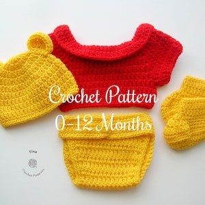 CROCHET PATTERN | Baby Winnie Bear Outfit: Hat, T-shirt, Diaper Cover, Photo Prop, Halloween Costume, Shower Gift, PDF | Sizes 0–12 Months