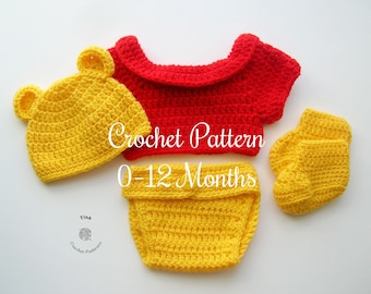 CROCHET PATTERN | Baby Winnie Bear Outfit: Hat, T-shirt, Diaper Cover, Photo Prop, Halloween Costume, Shower Gift, PDF | Sizes 0–12 Months
