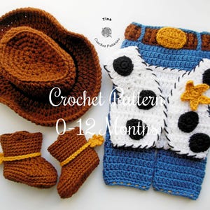 PATRÓN DE CROCHET / Disfraz de vaquero para bebé para Halloween: Sombrero, chaleco, pantalones y patucos, accesorio para fotos de bebé, PDF en inglés / Tallas desde recién nacido hasta 12 meses