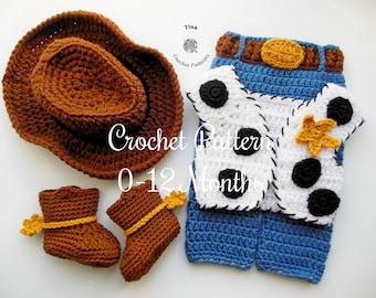 CROCHET PATTERN Baby Cowboy Halloween Costume: Hat, Vest, Pants and Booties, Baby Photo Prop, English PDF | Sizes Newborn - 12 Months