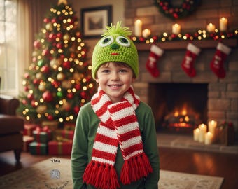 MOTIF AU CROCHET | Bonnet vert et écharpe de Noël, bonnet d'Halloween, accessoire photo, cadeau de douche, téléchargement PDF, facile | Tailles de bébé à adulte