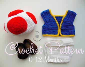 CROCHET PATTERN Baby Toad Halloween Costume in English PDF Pattern Includes Hat, Vest, Diaper Cover and Shoes | Sizes 0–12 Months