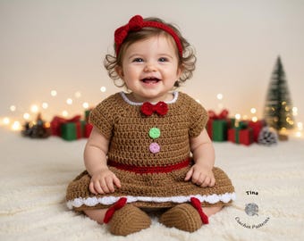 CROCHET PATTERN | Miss Gingerbread Baby Outfit: Headband, Dress, Shoes, Photo Prop, Halloween Costume, Shower Gift, PDF | Sizes 0–12 Months