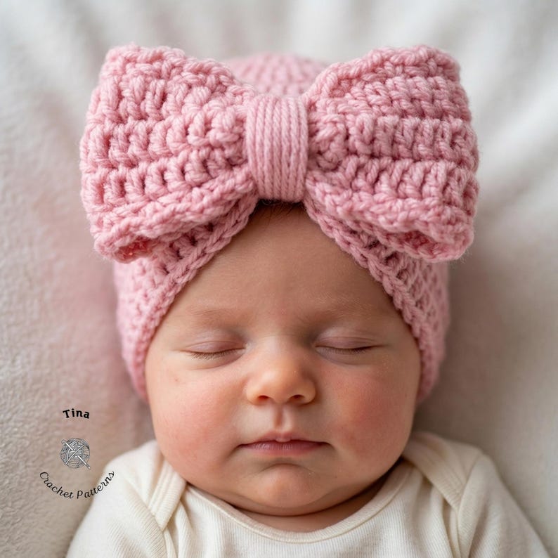 May include: A close-up of a baby wearing a light pink crochet bow hat. The hat is handmade with a textured stitch and features a large bow on top. The baby is wearing a white onesie. The text "Tina Crochet Patterns" is in the lower left corner.