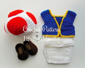 CROCHET PATTERN | Baby Toad Outfit: Hat, Vest, Diaper Cover, Shoes, Photo Prop, Halloween Costume, Shower Gift, PDF | Sizes 12–24 Months
