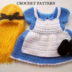 CROCHET PATTERN - Alice Dress, Wig and Shoes Outfit | Baby Girl Photo Prop | Crochet Baby Halloween Costumes | Sizes 0 - 12 months