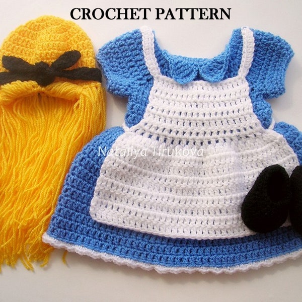 MOTIF AU CROCHET - Ensemble robe, perruque et chaussures Alice | Accessoire photo bébé fille | Déguisements d'Halloween pour bébé au crochet | Tailles 0 - 12 mois