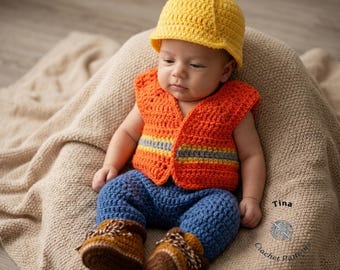 CROCHET PATTERN & VIDEO | Baby Construction Costume: Hard Hat, Pants, Work Booties, Vest, Photo Prop, Shower Gift, pdf | Sizes 0–12 Months