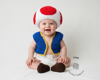 CROCHET PATTERN | Baby Toad Outfit: Hat, Vest, Diaper Cover, Shoes, Photo Prop, Halloween Costume, Shower Gift, PDF | Sizes 0–12 Months