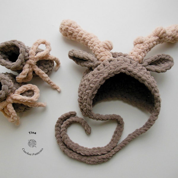 CROCHET Moose PATTERN - Moose Baby Bonnet and Booties Set | Easy Crochet Pattern | Deer Photo Prop | Sizes Newborn - 12 months