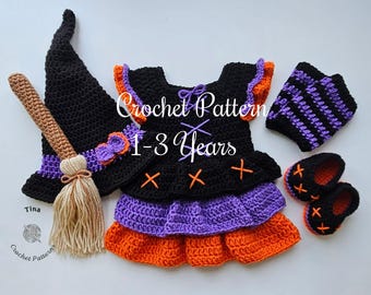 CROCHET PATTERN - Baby Witch Outfit, Photo Prop, Halloween Costume, Shower Gift, Sizes 1-3 Years