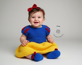 MODELLO ALL'UNCINETTO / Completo da principessa per bambina: vestito, scarpe, accessorio per foto, costume di Halloween, regalo per baby shower, PDF in inglese / Taglie 0-12 mesi