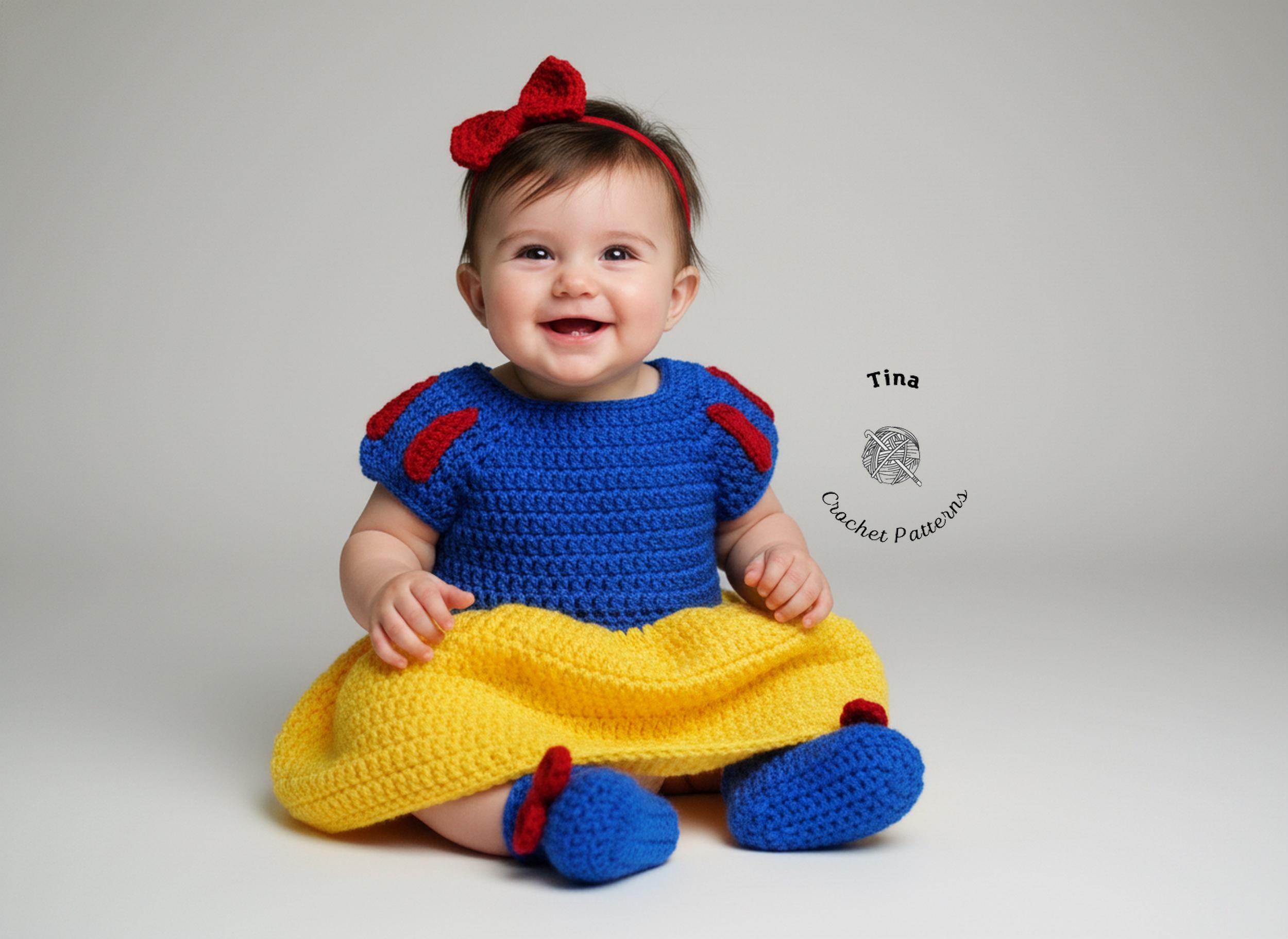 30 Snow White Dress Patterns To Crochet For Babies, Dolls, And Bridal Looks 21 Baby Princess Dress and Shoes Pattern
