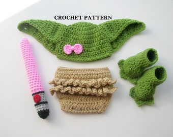 CROCHET PATTERN - Green Alien Baby Girl Hat, Diaper Cover and Booties Outfit | Photo Prop | Halloween Costume | Sizes Newborn - 12 months