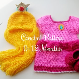 CROCHET PATTERN Baby Princess Peach Halloween Outfit in English PDF Pattern Includes Wig, Dress and Shoes for Photo Prop | Sizes 0-12 Months
