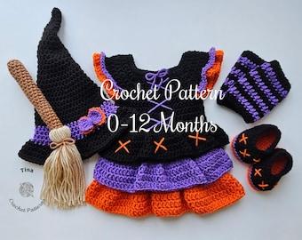 CROCHET PATTERN - Baby Witch Outfit, Photo Prop, 1st Halloween Costume, Shower Gift, Sizes 0-12 Months