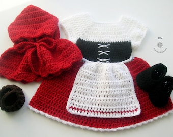 CROCHET PATTERN | Baby Little Red Riding Outfit: Hood, Dress, Shoes, Photo Prop, Halloween Costume, Shower Gift, PDF | Sizes 0–12 Months