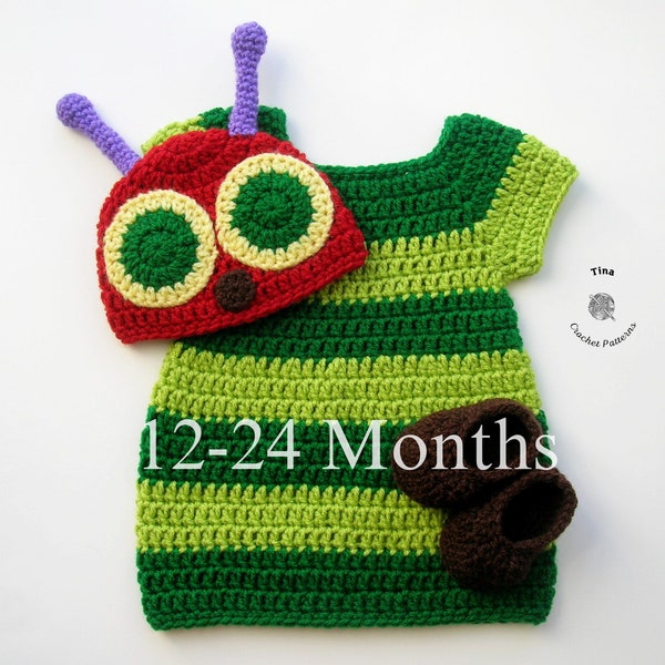 CROCHET PATTERN - Caterpillar Baby Hat, Dress and Shoes Outfit | Crochet Baby Halloween Costume | Sizes 12 - 18 | 18 - 24 months
